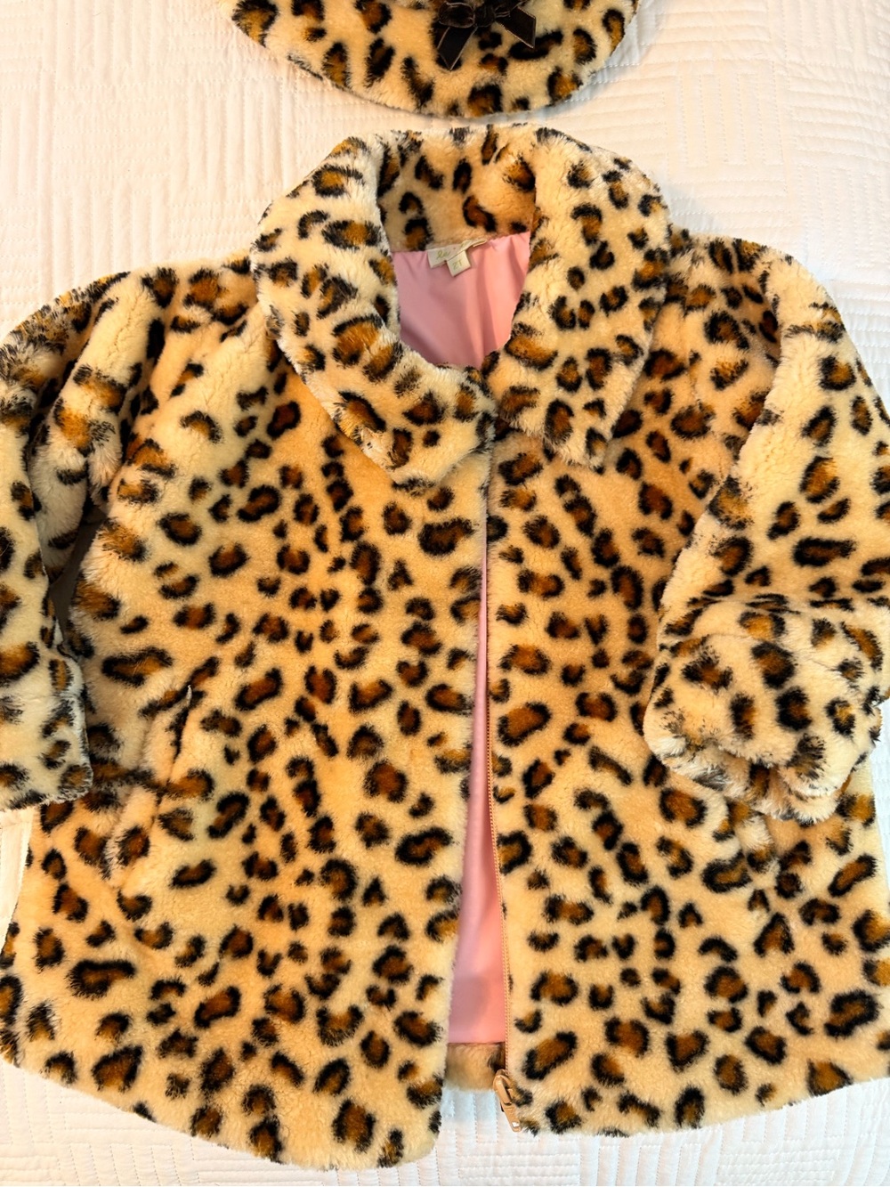 Le Top Girls' Leopard Faux-Fur Pea Coat and Hat with Pink Lining
